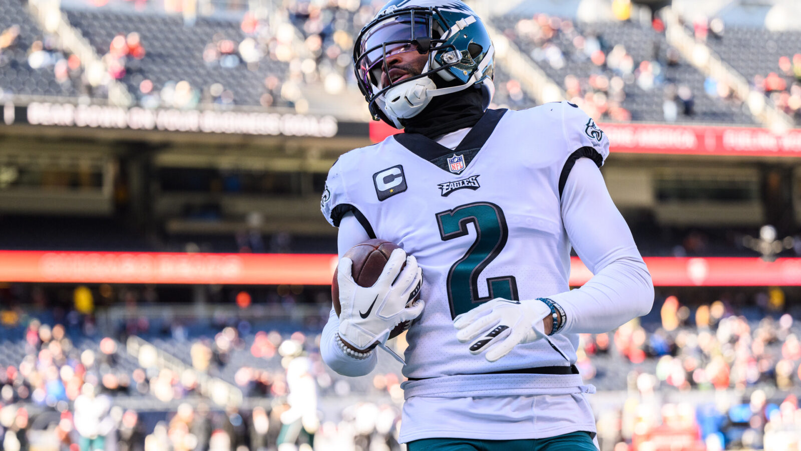 Philadelphia Eagles cornerback Darius Slay (2) warms up before the game against the Chicago Bears at Soldier Field.