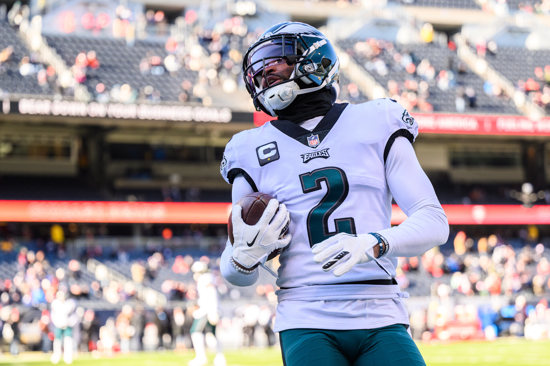 Philadelphia Eagles cornerback Darius Slay (2) warms up before the game against the Chicago Bears at Soldier Field.