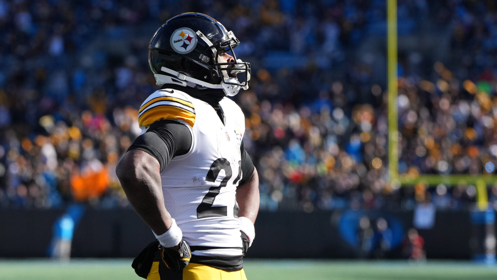 Dec 18, 2022; Charlotte, North Carolina, USA; Pittsburgh Steelers running back Najee Harris (22) reacts after scoring a touchdown in the first quarter at Bank of America Stadium.