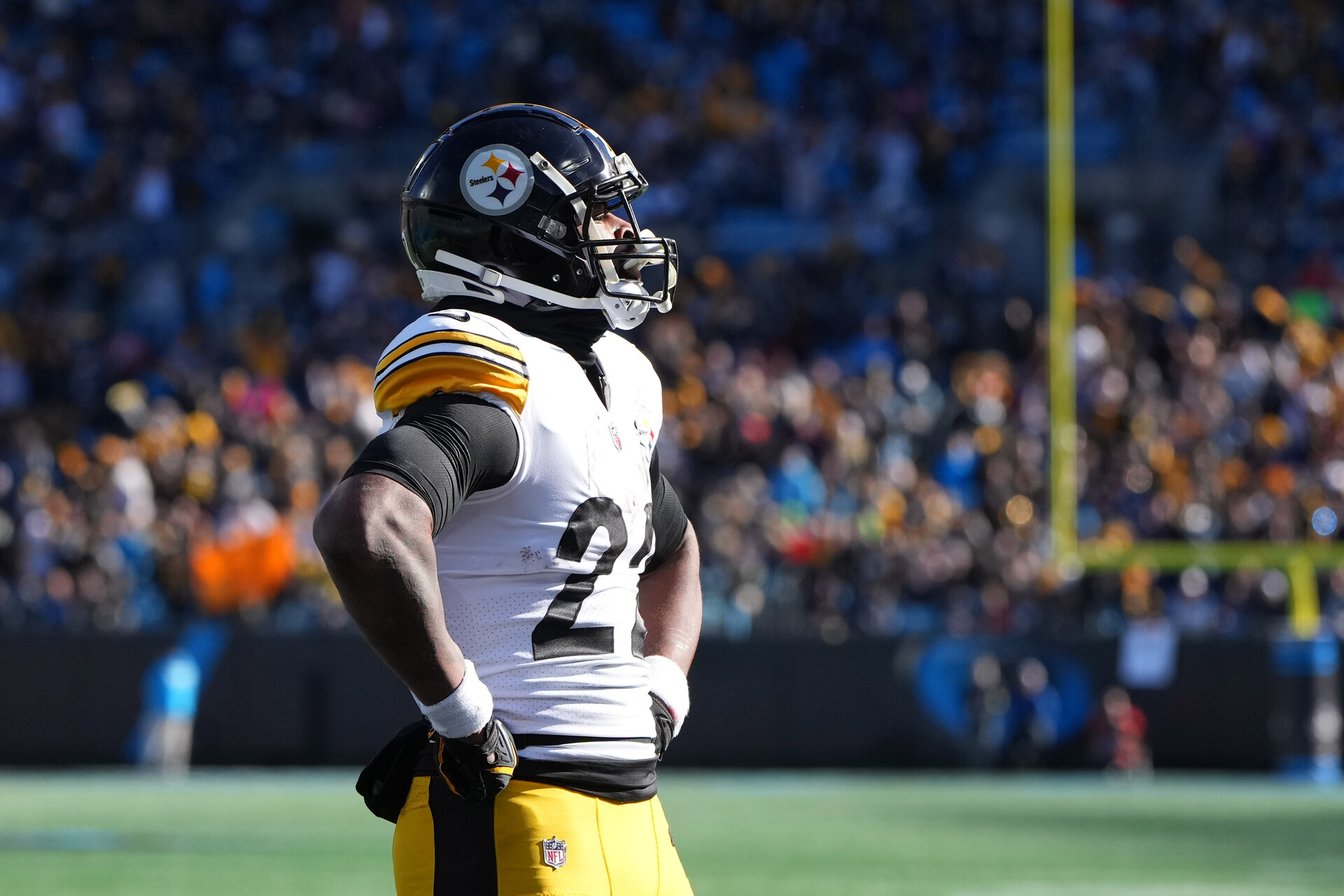 Dec 18, 2022; Charlotte, North Carolina, USA; Pittsburgh Steelers running back Najee Harris (22) reacts after scoring a touchdown in the first quarter at Bank of America Stadium.