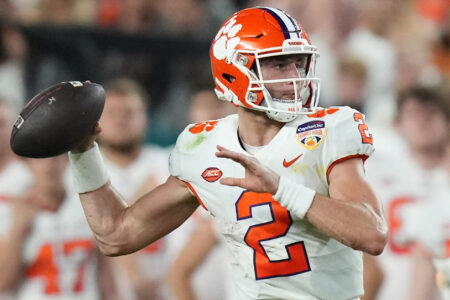 Clemson Tigers quarterback Cade Klubnik (2) throws a pass during the first half of the 2022 Orange Bowl against the Tennessee Volunteers at Hard Rock Stadium.
