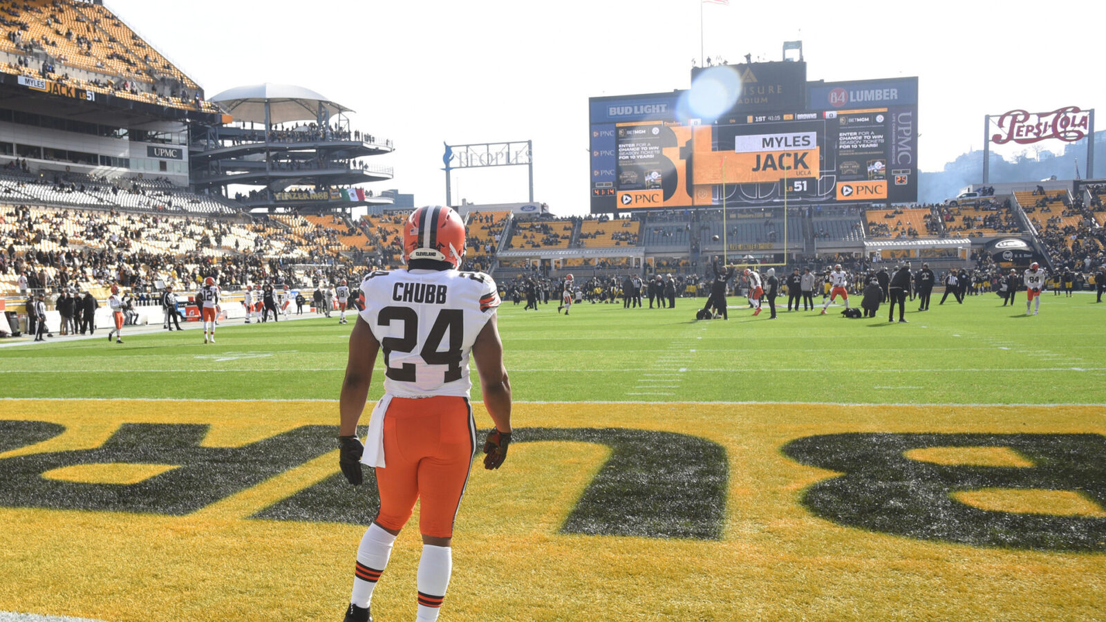 Jan 8, 2023; Pittsburgh, Pennsylvania, USA; Cleveland Browns running back Nick Chubb (24) before playing the Pittsburgh Steelers at Acrisure Stadium.