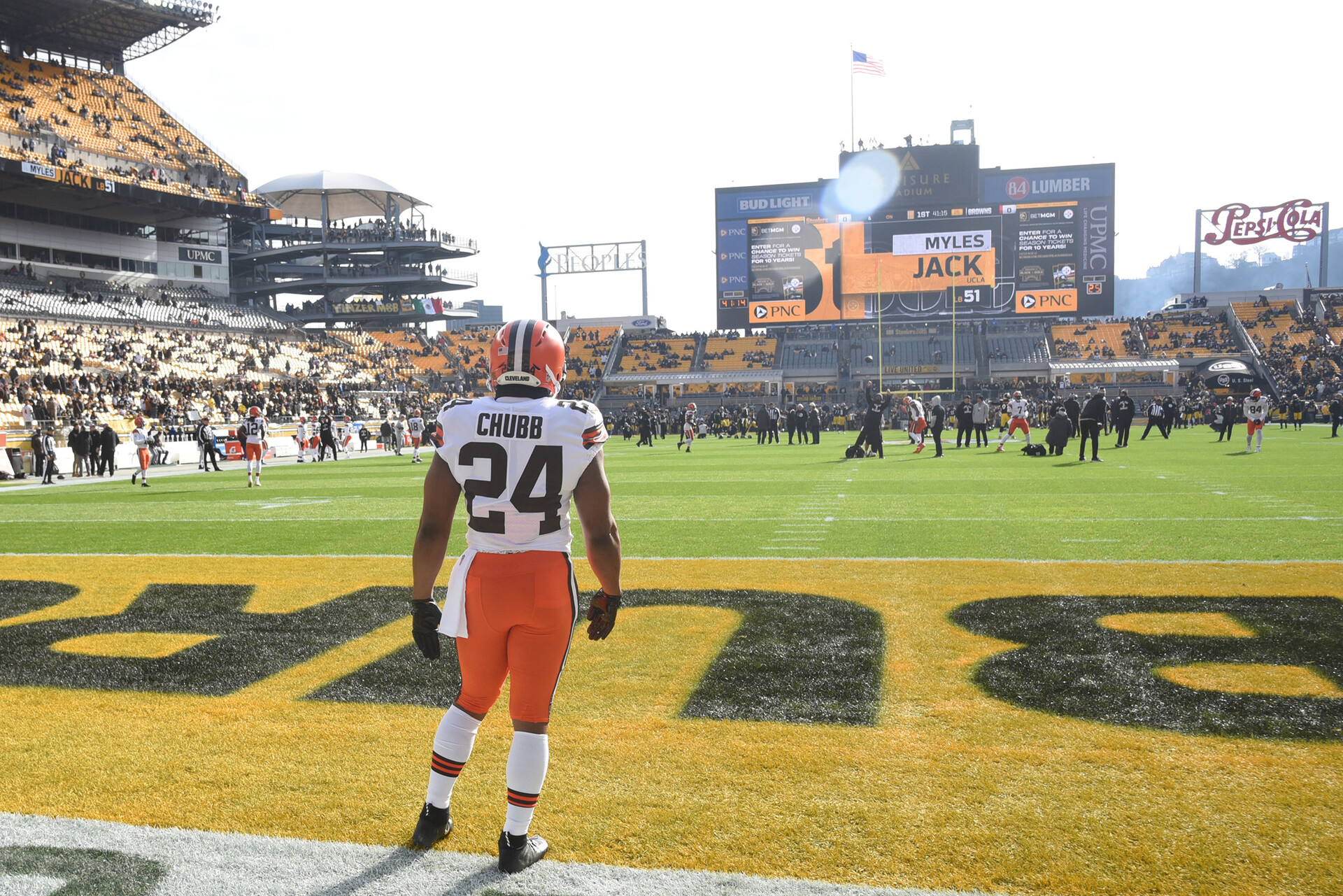 Jan 8, 2023; Pittsburgh, Pennsylvania, USA; Cleveland Browns running back Nick Chubb (24) before playing the Pittsburgh Steelers at Acrisure Stadium.
