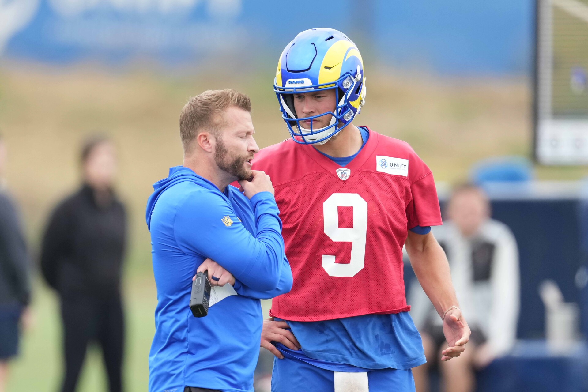 Jun 14, 2023; Thousand Oaks, CA, USA; Los Angeles Rams quarterback Matthew Stafford (9) and coach Sean McVay during minicamp at Cal Lutheran University.