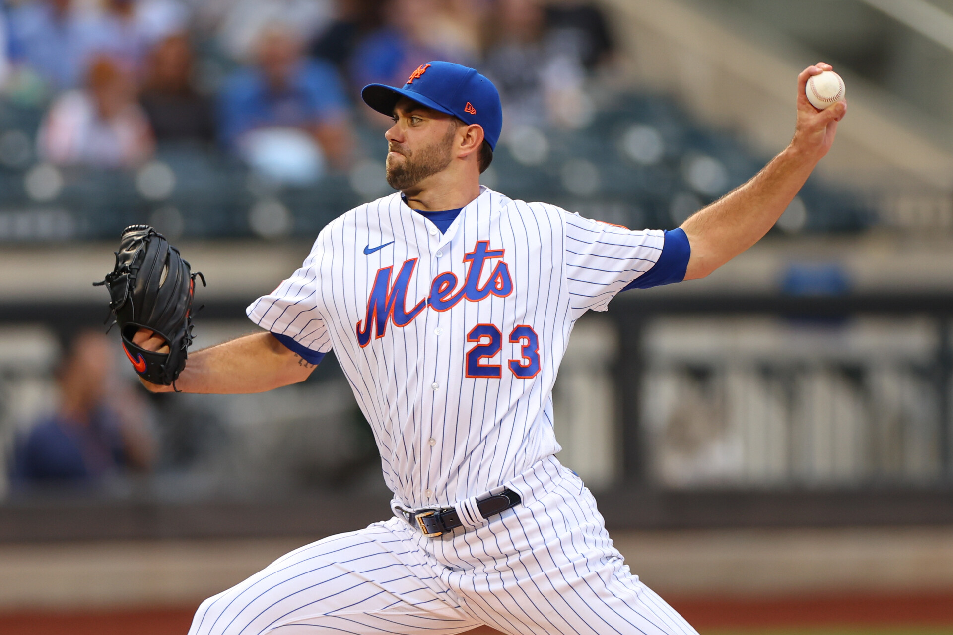 New York Mets starting pitcher David Peterson (23) delivers a pitch during the first inning against the Milwaukee Brewers at Citi Field.