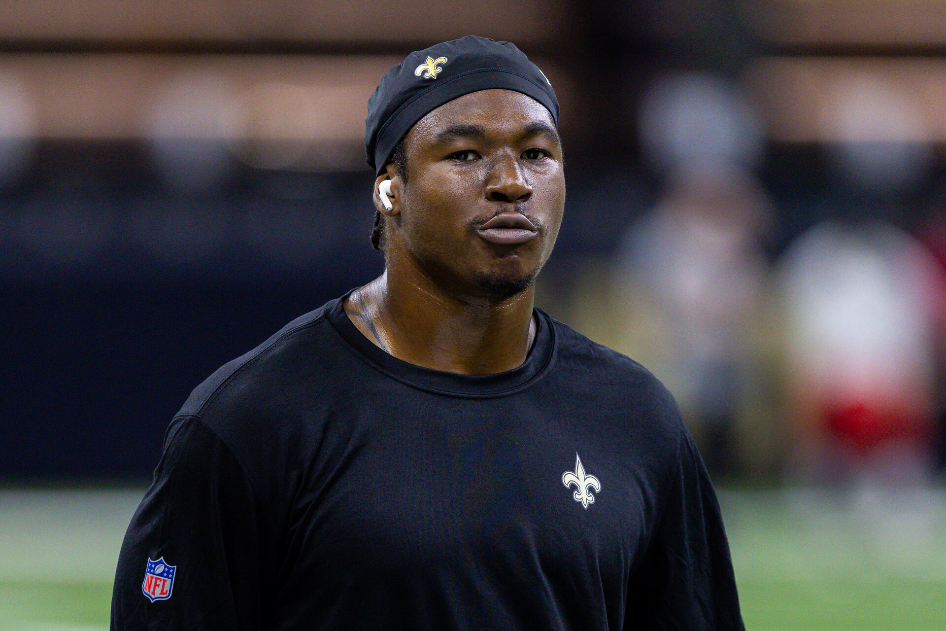 New Orleans Saints running back Jamaal Williams (30) dances as he walks the hashmarks before the game against the Kansas City Chiefs at the Caesars Superdome.