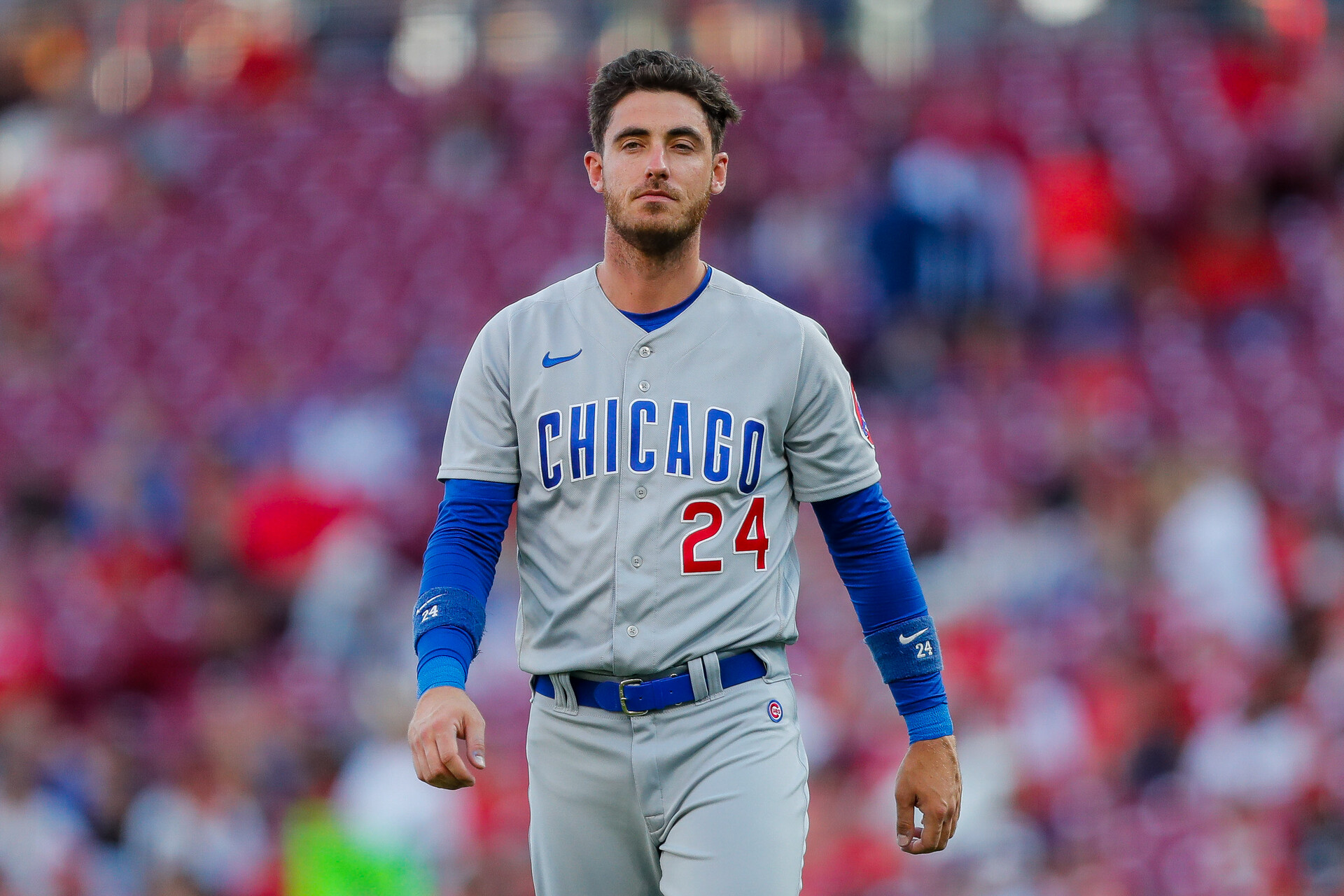 Sep 1, 2023; Cincinnati, Ohio, USA; Chicago Cubs first baseman Cody Bellinger (24) walks off the field in between innings during the first in the game against the Cincinnati Reds at Great American Ball Park.