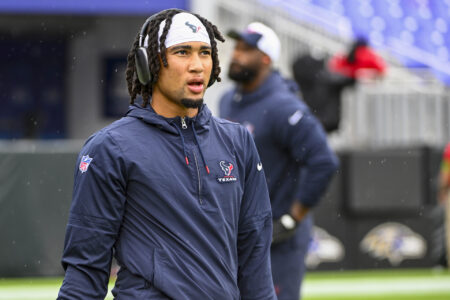 Sep 10, 2023; Baltimore, Maryland, USA; Houston Texans quarterback C.J. Stroud (7) on the field before the game against the Baltimore Ravens at M&T Bank Stadium.