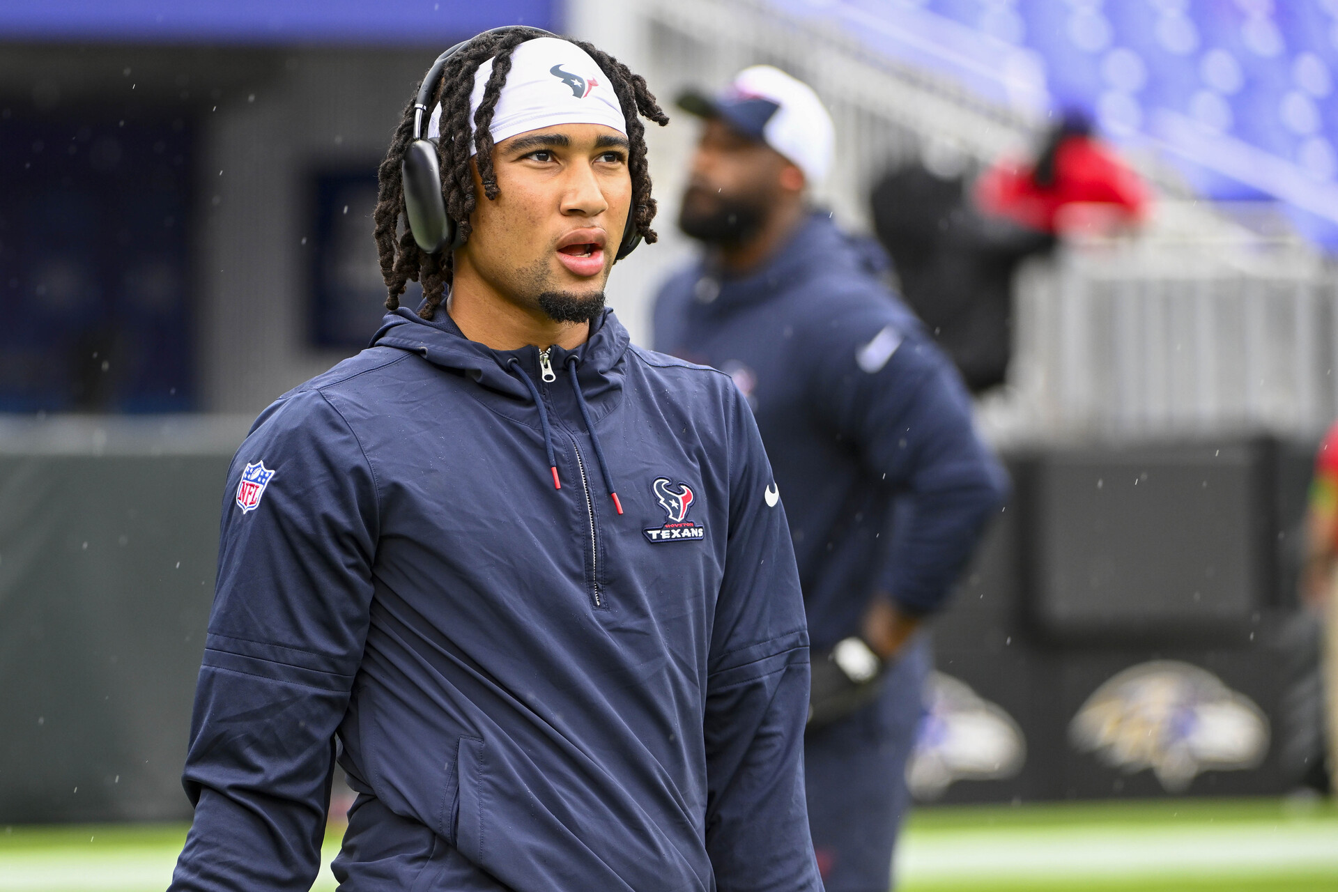Sep 10, 2023; Baltimore, Maryland, USA; Houston Texans quarterback C.J. Stroud (7) on the field before the game against the Baltimore Ravens at M&T Bank Stadium.