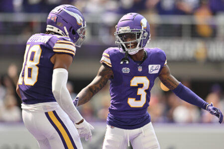 Is Sports Betting Legal in Minnesota? Minnesota Vikings wide receiver Jordan Addison (3) reacts with wide receiver Justin Jefferson (18) after scoring his first career touchdown pass from quarterback Kirk Cousins (not pictured) against the Tampa Bay Buccaneers during the second quarter at U.S. Bank Stadium.