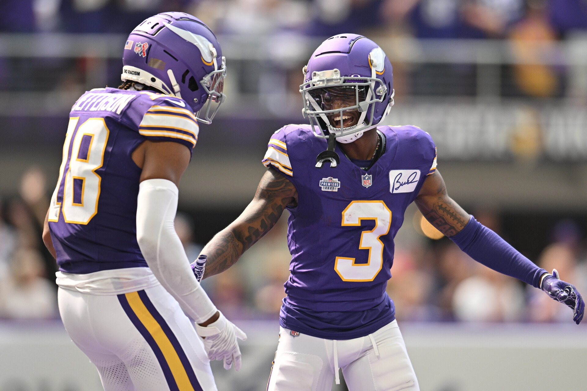 Is Sports Betting Legal in Minnesota? Minnesota Vikings wide receiver Jordan Addison (3) reacts with wide receiver Justin Jefferson (18) after scoring his first career touchdown pass from quarterback Kirk Cousins (not pictured) against the Tampa Bay Buccaneers during the second quarter at U.S. Bank Stadium.