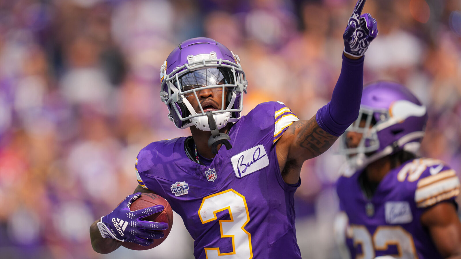 Minnesota Vikings wide receiver Jordan Addison (3) celebrates his first career touchdown against the Tampa Bay Buccaneers in the second quarter at U.S. Bank Stadium.