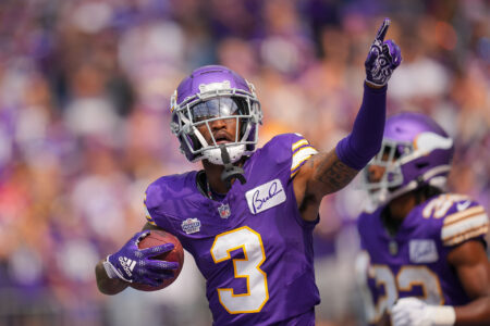 Minnesota Vikings wide receiver Jordan Addison (3) celebrates his first career touchdown against the Tampa Bay Buccaneers in the second quarter at U.S. Bank Stadium.