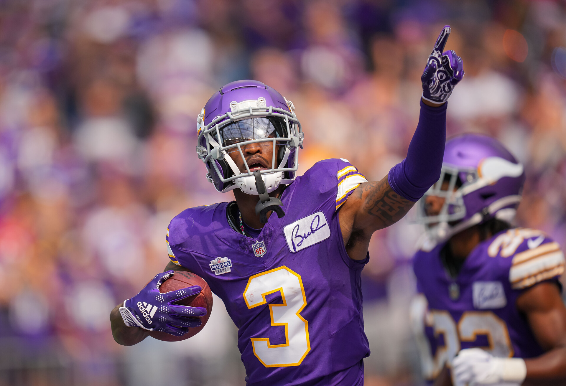 Minnesota Vikings wide receiver Jordan Addison (3) celebrates his first career touchdown against the Tampa Bay Buccaneers in the second quarter at U.S. Bank Stadium.