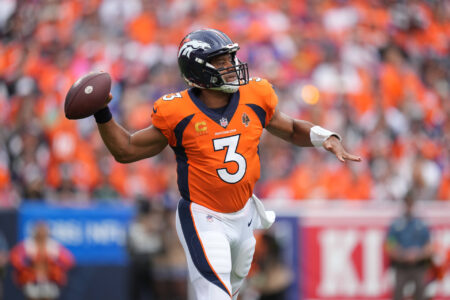 Sep 10, 2023; Denver, Colorado, USA; Denver Broncos quarterback Russell Wilson (3) prepares to pass in the first quarter against the Las Vegas Raiders at Empower Field at Mile High.