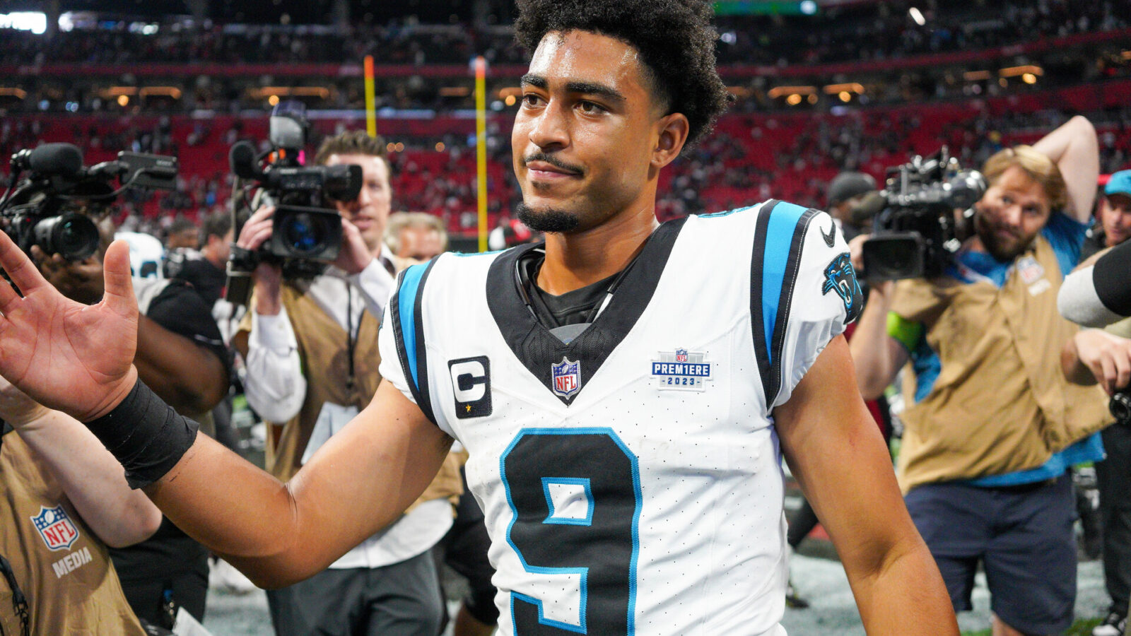 Carolina Panthers quarterback Bryce Young (9) after a loss against the Atlanta Falcons at Mercedes-Benz Stadium.