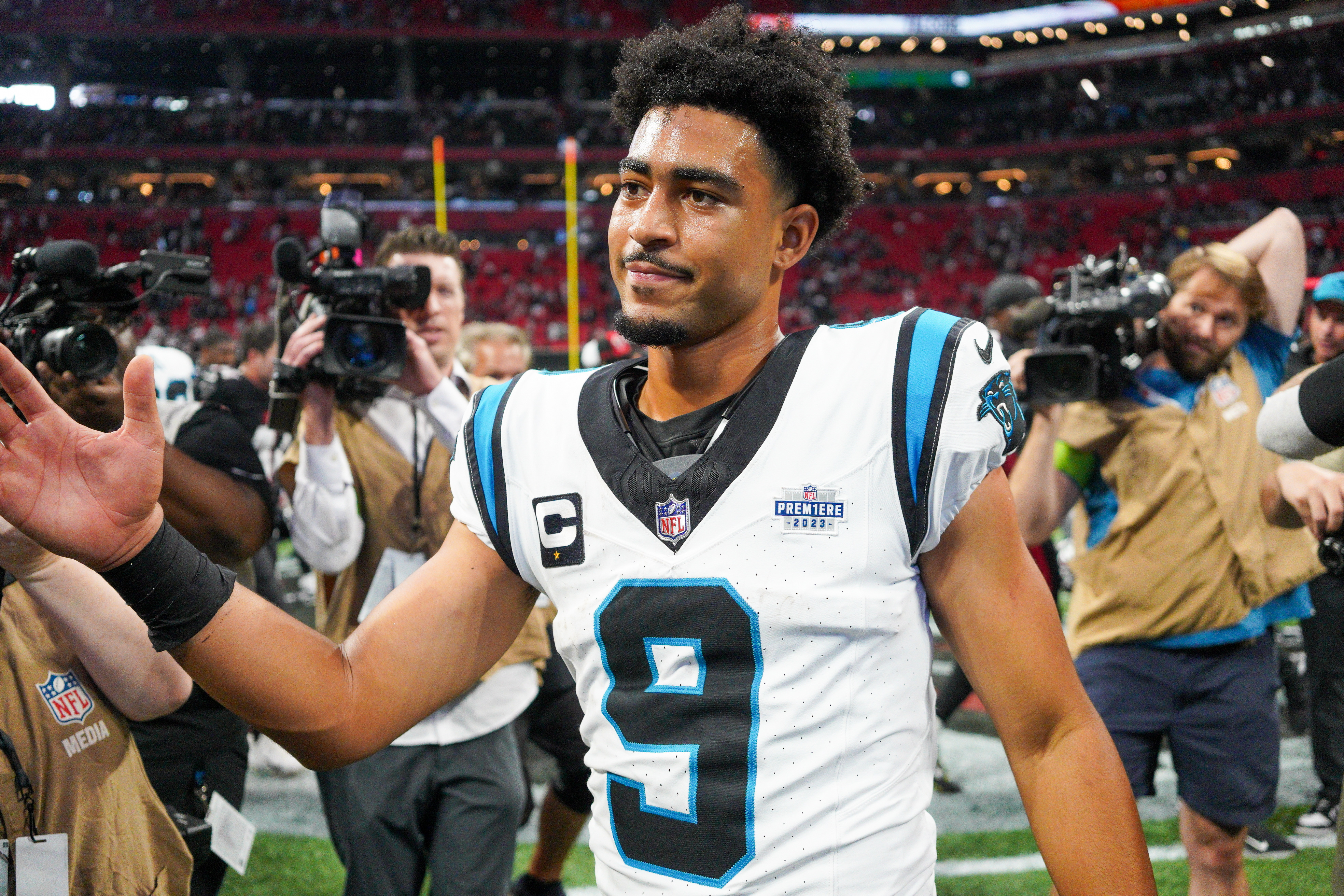 Carolina Panthers quarterback Bryce Young (9) after a loss against the Atlanta Falcons at Mercedes-Benz Stadium.