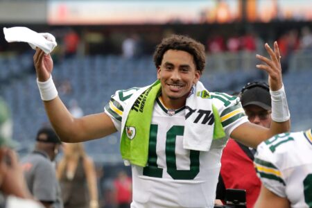 Is sports betting legal in Wisconsin? Green Bay Packers quarterback Jordan Love (10) celebrates a victory against the Chicago Bears as he leaves the field during their football game Sunday, September 10, 2023, at Soldier Field in Chicago, Ill. Green Bay won 38-20.