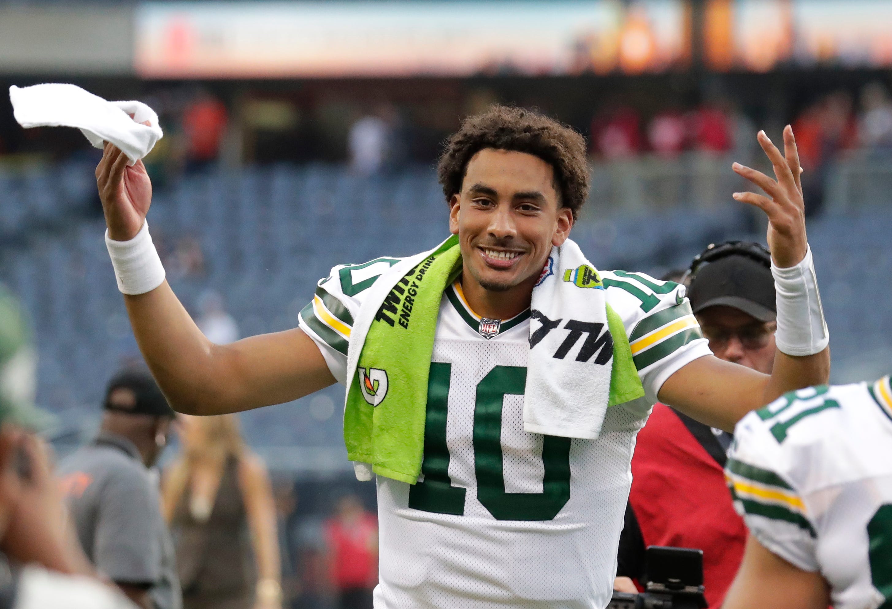 Is sports betting legal in Wisconsin? Green Bay Packers quarterback Jordan Love (10) celebrates a victory against the Chicago Bears as he leaves the field during their football game Sunday, September 10, 2023, at Soldier Field in Chicago, Ill. Green Bay won 38-20.