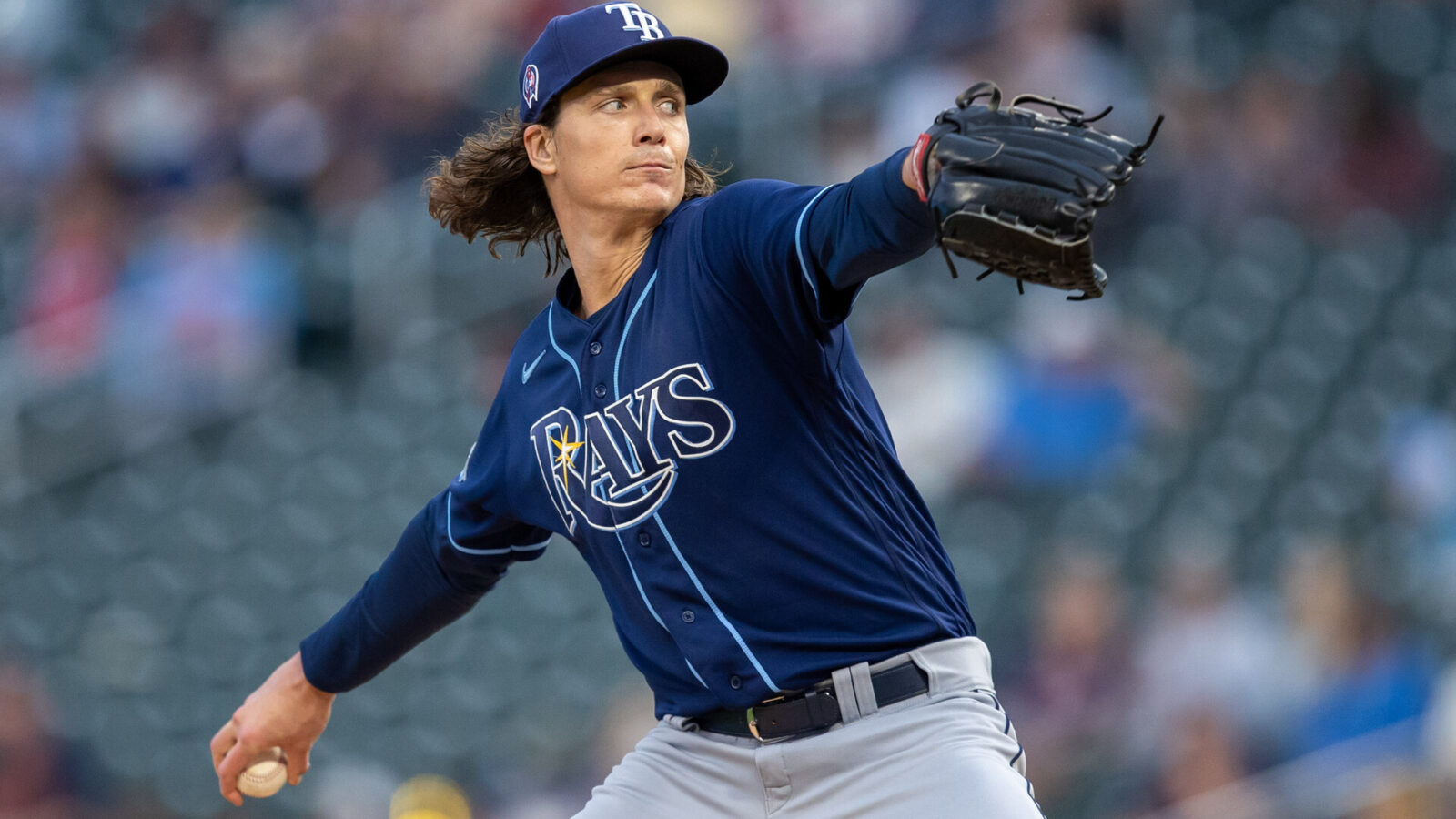 Sep 11, 2023; Minneapolis, Minnesota, USA; Tampa Bay Rays starting pitcher Tyler Glasnow (20) delivers a pitch against the Minnesota Twins in the first inning at Target Field.