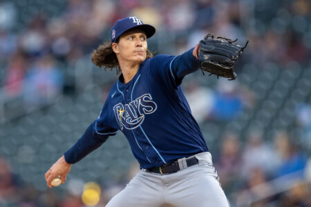Sep 11, 2023; Minneapolis, Minnesota, USA; Tampa Bay Rays starting pitcher Tyler Glasnow (20) delivers a pitch against the Minnesota Twins in the first inning at Target Field.