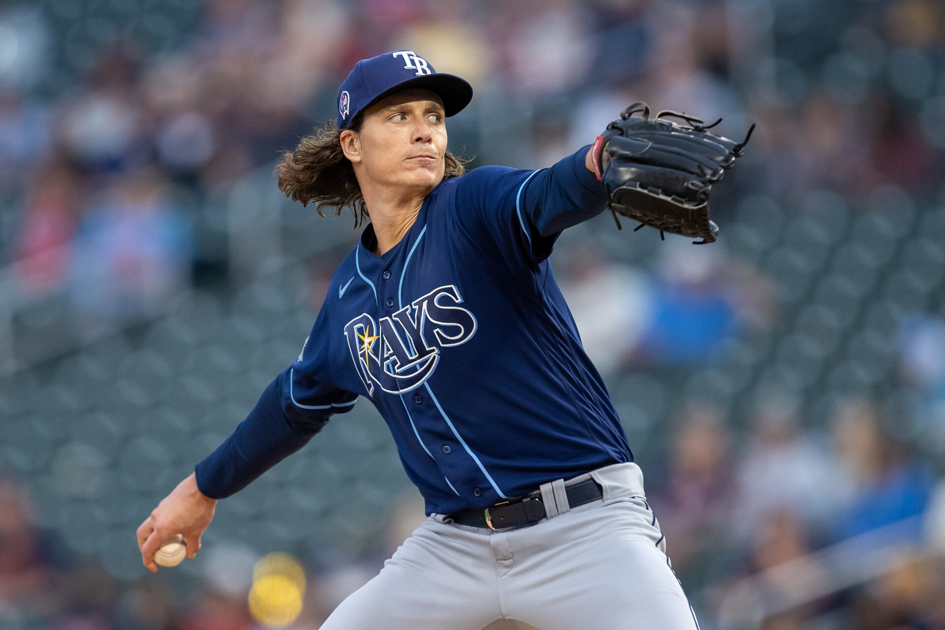 Sep 11, 2023; Minneapolis, Minnesota, USA; Tampa Bay Rays starting pitcher Tyler Glasnow (20) delivers a pitch against the Minnesota Twins in the first inning at Target Field.