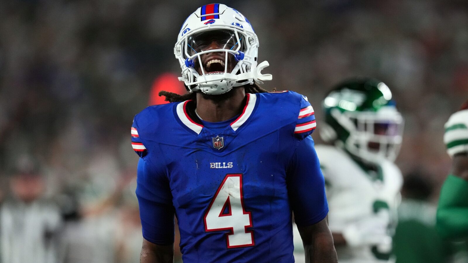 Buffalo Bills running back James Cook (4) reacts after a first down against the New York Jets in the first half of the home opener at MetLife Stadium on Monday, Sept. 11, 2023, in East Rutherford.