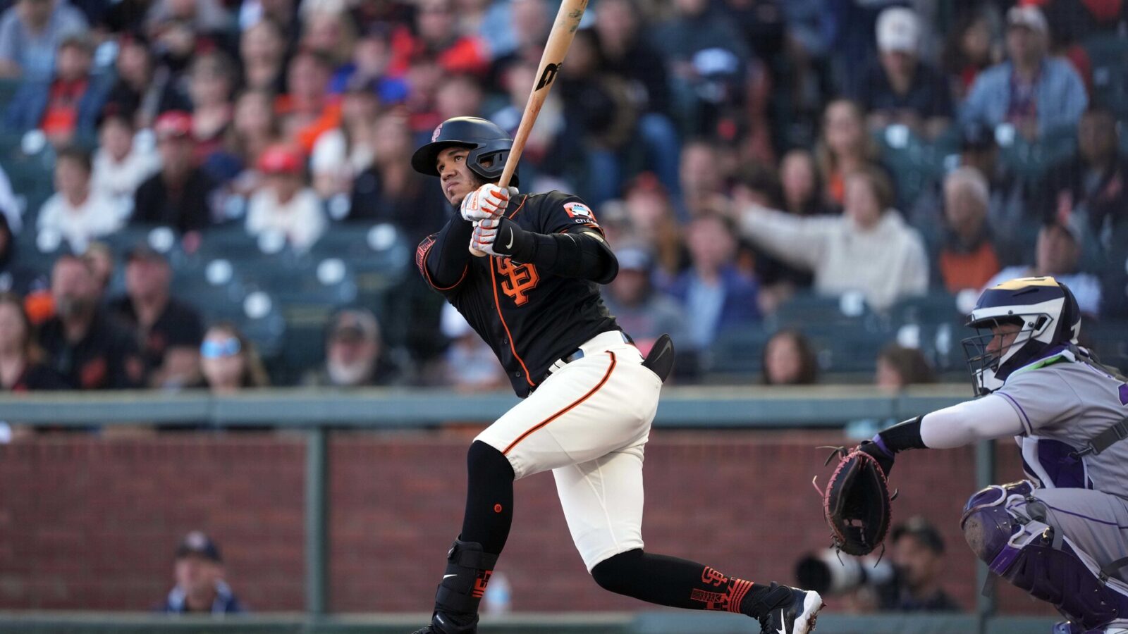 Sep 9, 2023; San Francisco, California, USA; San Francisco Giants second baseman Thairo Estrada (39) hits a home run against the Colorado Rockies during the first inning at Oracle Park.
