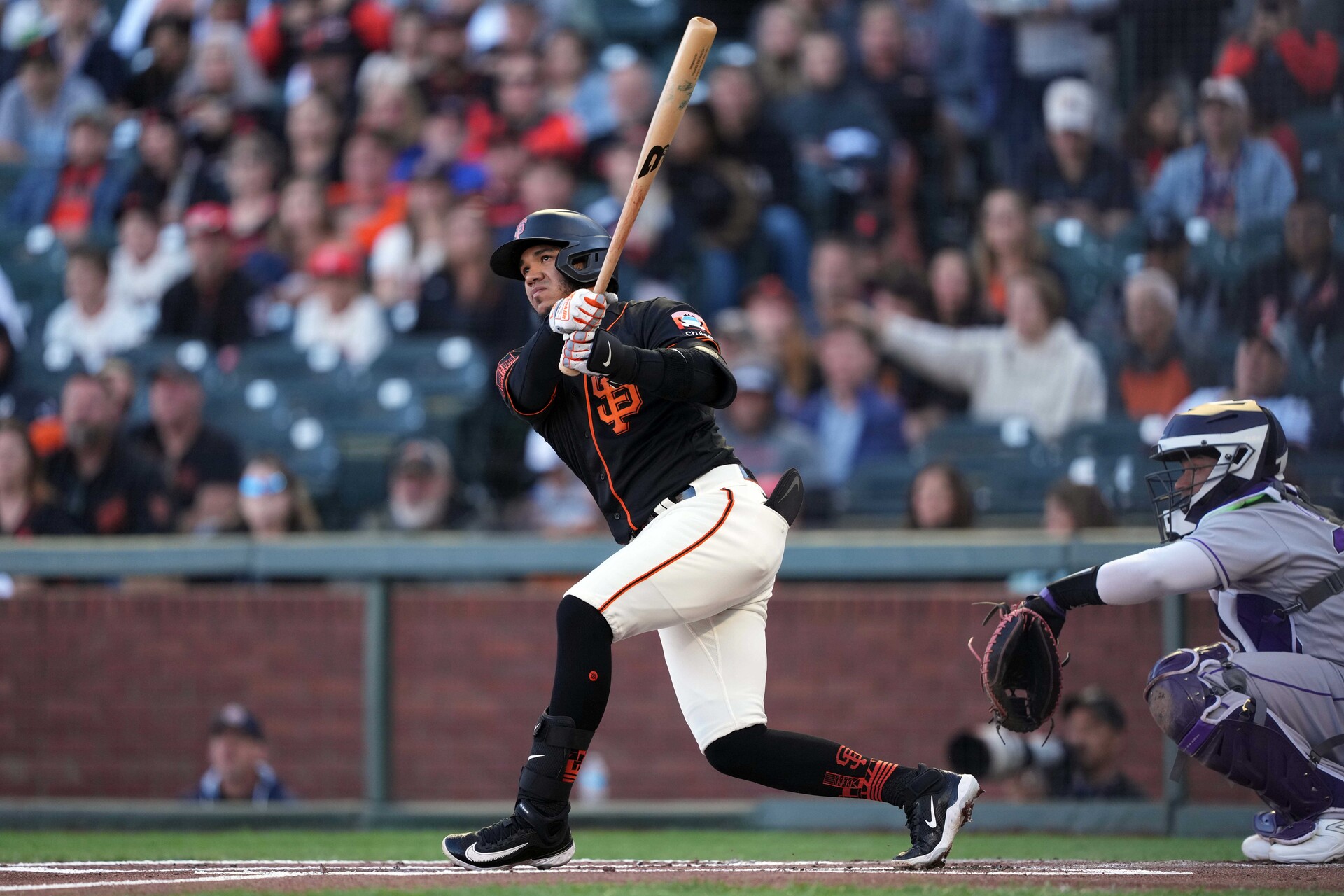 Sep 9, 2023; San Francisco, California, USA; San Francisco Giants second baseman Thairo Estrada (39) hits a home run against the Colorado Rockies during the first inning at Oracle Park.
