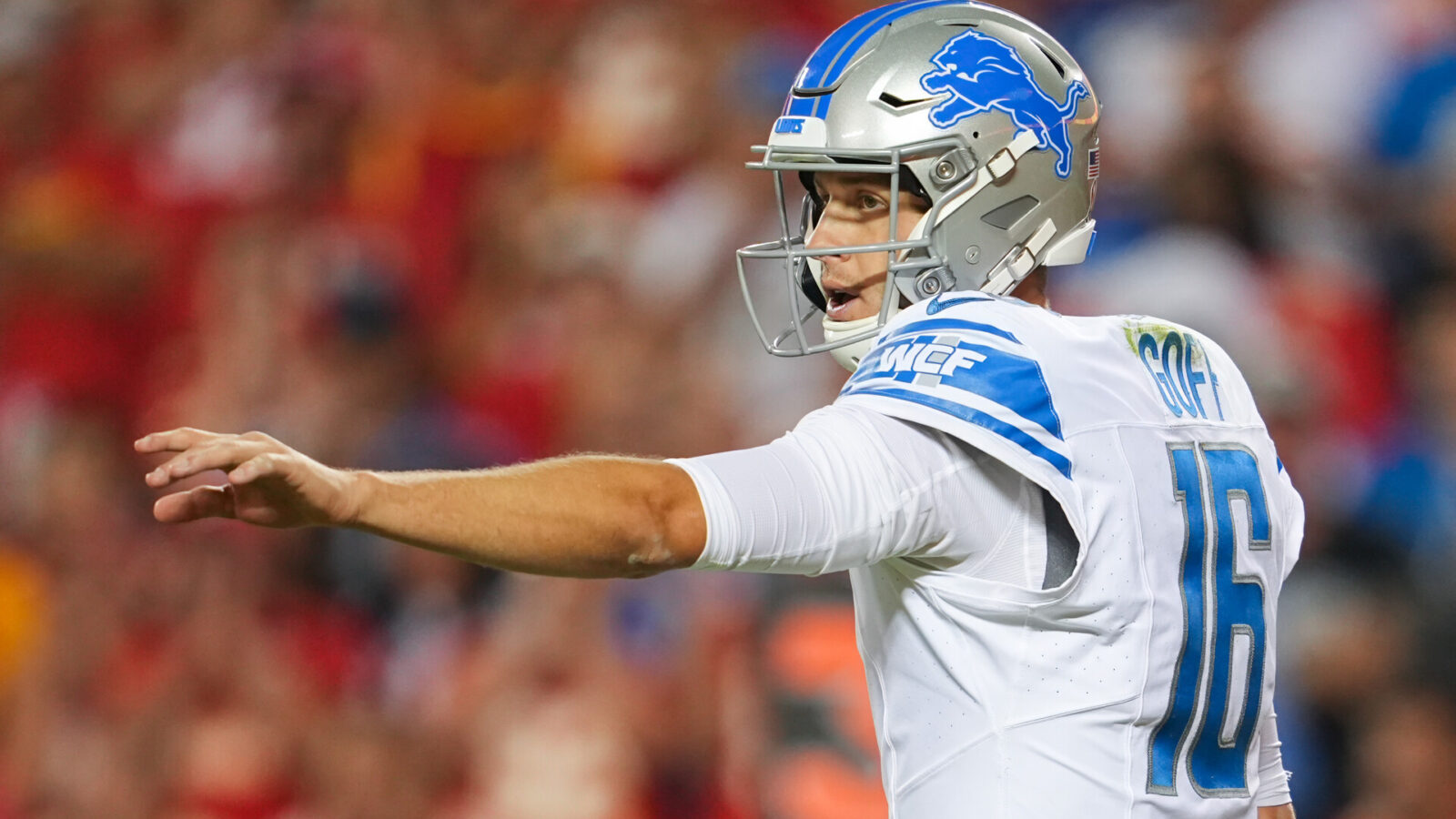 Detroit Lions quarterback Jared Goff (16) prior to the snap during the second half against the Kansas City Chiefs at GEHA Field at Arrowhead Stadium.