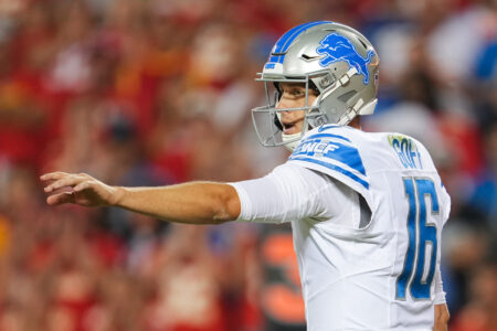 Detroit Lions quarterback Jared Goff (16) prior to the snap during the second half against the Kansas City Chiefs at GEHA Field at Arrowhead Stadium.