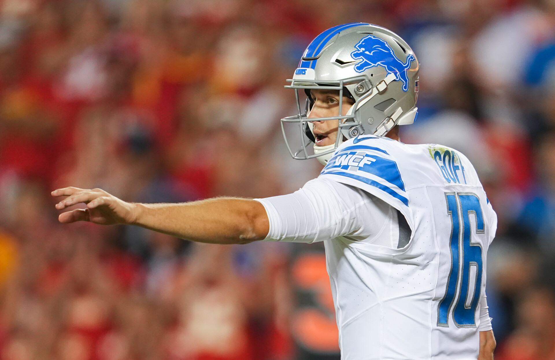 Detroit Lions quarterback Jared Goff (16) prior to the snap during the second half against the Kansas City Chiefs at GEHA Field at Arrowhead Stadium.