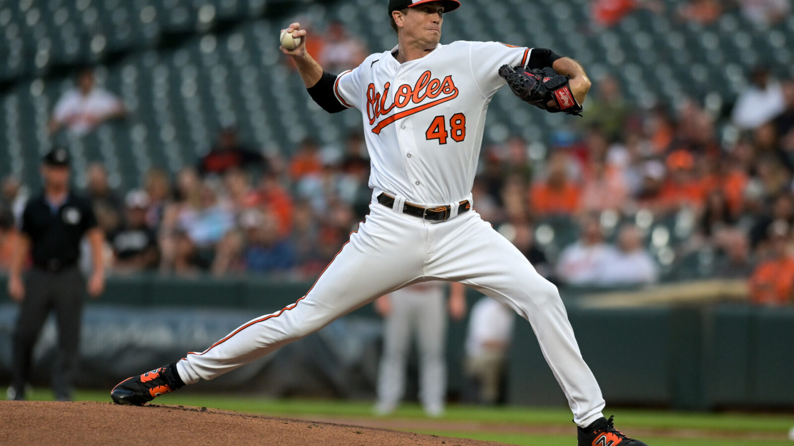 Sep 13, 2023; Baltimore, Maryland, USA; Baltimore Orioles starting pitcher Kyle Gibson (48) throws a first inning pitch against the St. Louis Cardinals at Oriole Park at Camden Yards.