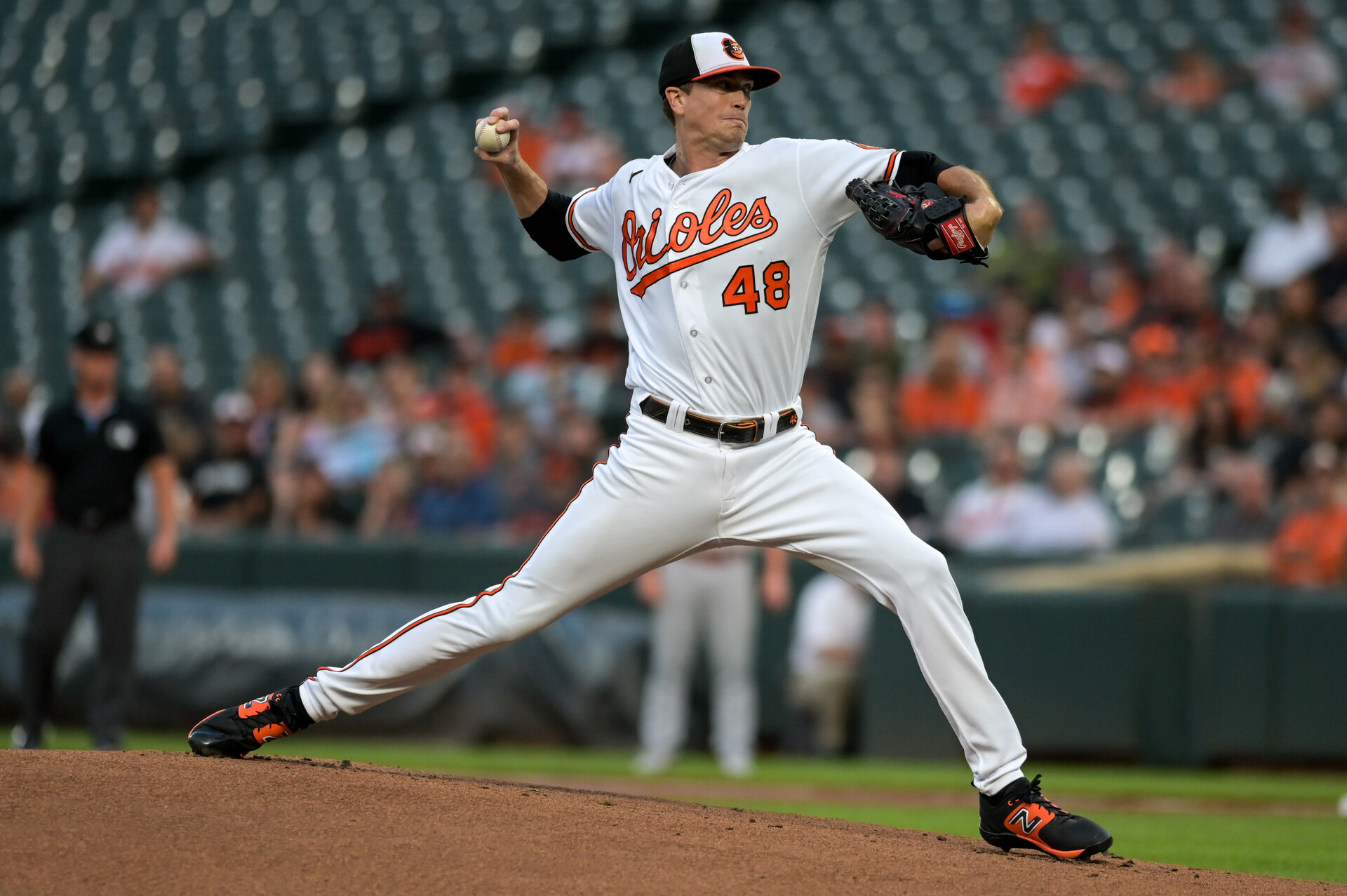 Sep 13, 2023; Baltimore, Maryland, USA; Baltimore Orioles starting pitcher Kyle Gibson (48) throws a first inning pitch against the St. Louis Cardinals at Oriole Park at Camden Yards.