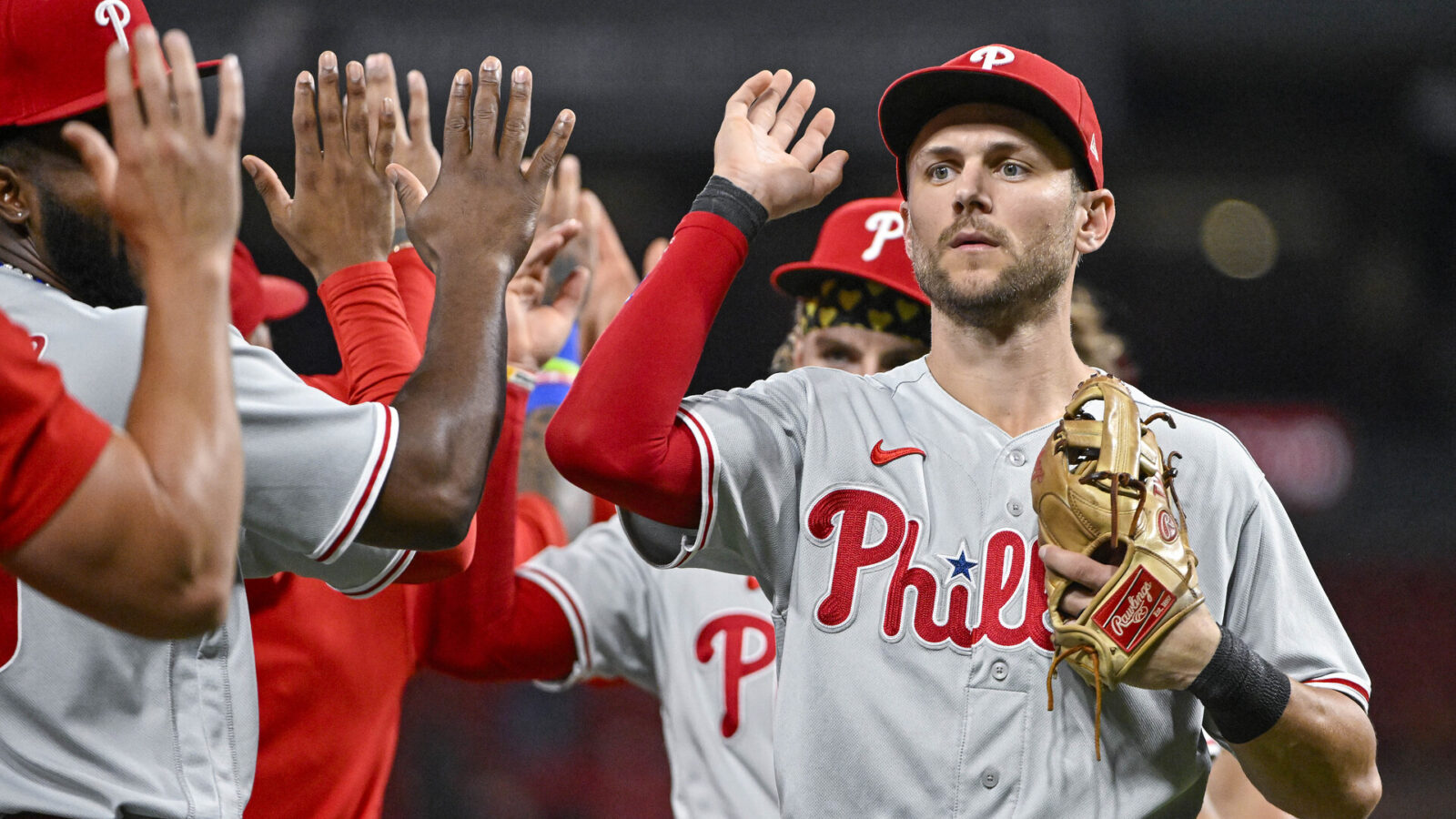 Sep 16, 2023; St. Louis, Missouri, USA; Philadelphia Phillies shortstop Trea Turner (7) celebrates with teammates after the Phillies defeated the St. Louis Cardinals at Busch Stadium.