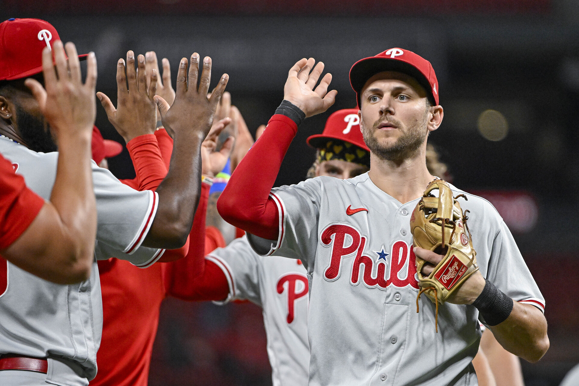 Sep 16, 2023; St. Louis, Missouri, USA; Philadelphia Phillies shortstop Trea Turner (7) celebrates with teammates after the Phillies defeated the St. Louis Cardinals at Busch Stadium.