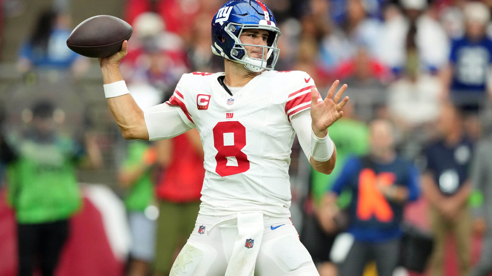 Sep 17, 2023; Glendale, Arizona, USA; New York Giants quarterback Daniel Jones (8) passes against the Arizona Cardinals during the first half at State Farm Stadium.