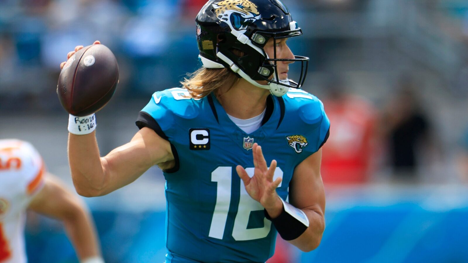 Jacksonville Jaguars quarterback Trevor Lawrence (16) looks to pass during the first quarter of a NFL football game Sunday, Sept. 17, 2023 at EverBank Stadium in Jacksonville, Fla. The Kansas City Chiefs defeated the Jacksonville Jaguars 17-9.