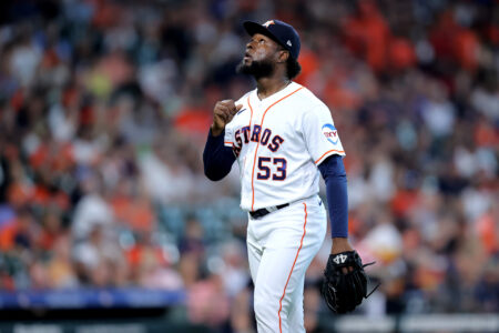 Sep 20, 2023; Houston, Texas, USA; Houston Astros starting pitcher Cristian Javier (53) reacts after a strikeout against the Baltimore Orioles during the first inning at Minute Maid Park.