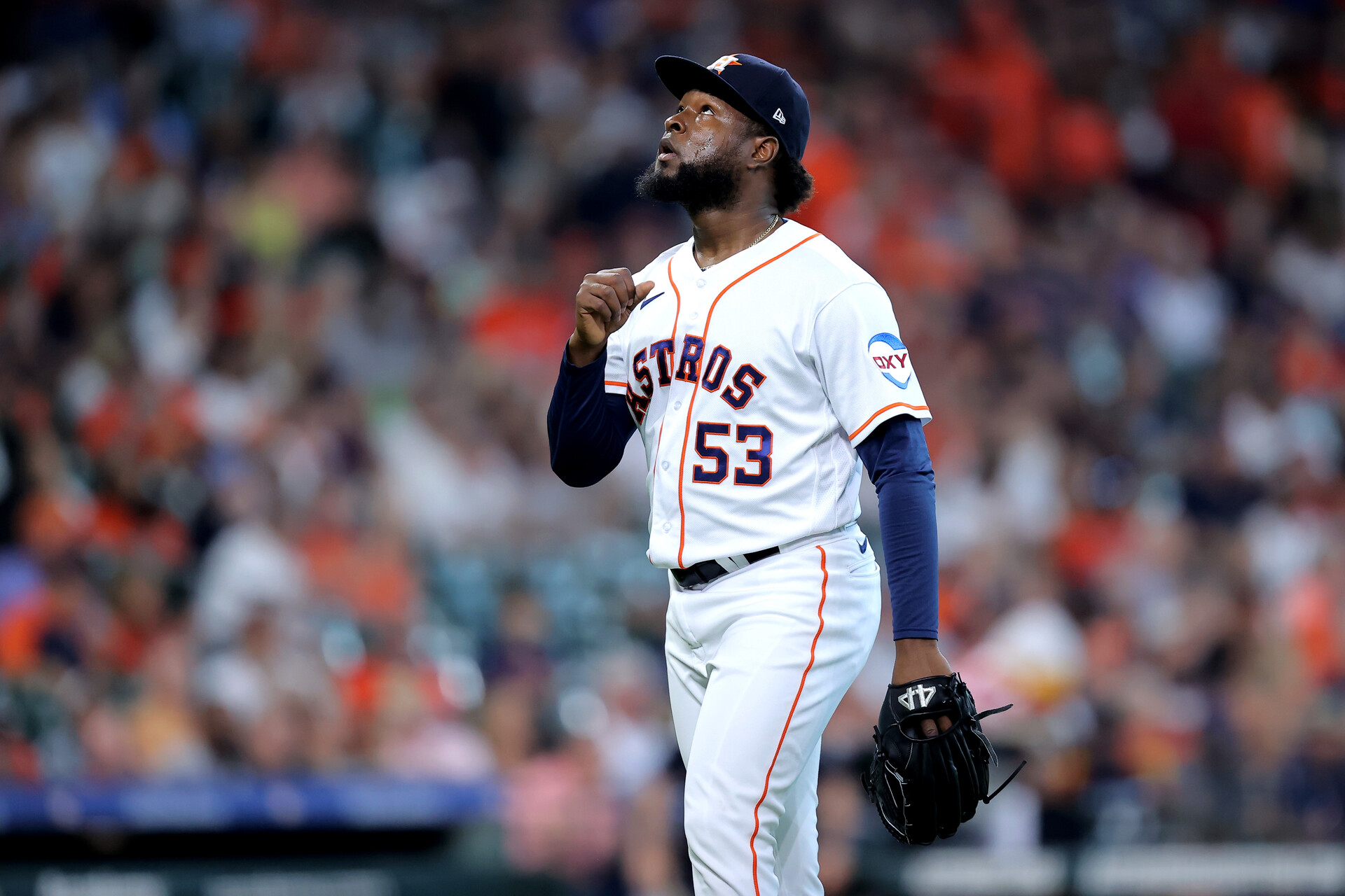 Sep 20, 2023; Houston, Texas, USA; Houston Astros starting pitcher Cristian Javier (53) reacts after a strikeout against the Baltimore Orioles during the first inning at Minute Maid Park.