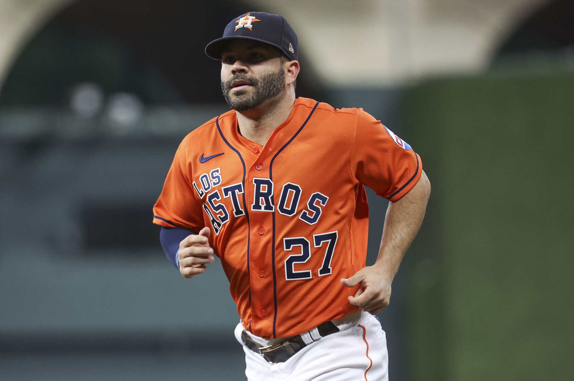 Sep 22, 2023; Houston, Texas, USA; Houston Astros second baseman Jose Altuve (27) wears a Los Astros jersey commemorating Hispanic Heritage Weekend before the game against the Kansas City Royals at Minute Maid Park.
