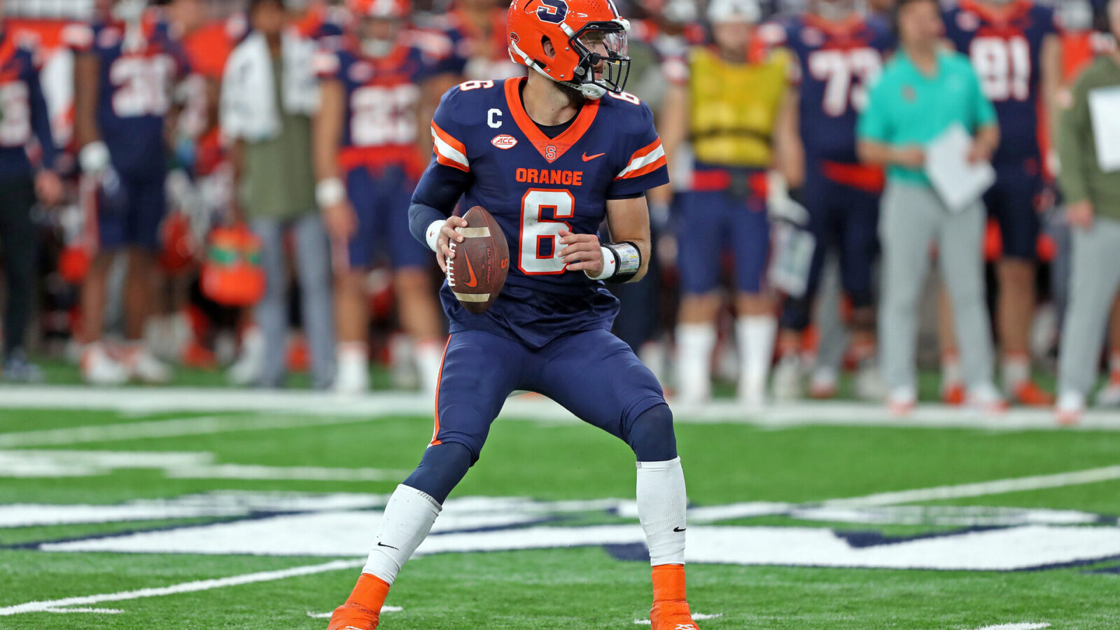 Sep 23, 2023; Syracuse, New York, USA; Syracuse Orange quarterback Garrett Shrader (6) looks to pass during second half against the Army Black Knights at JMA Wireless Dome.