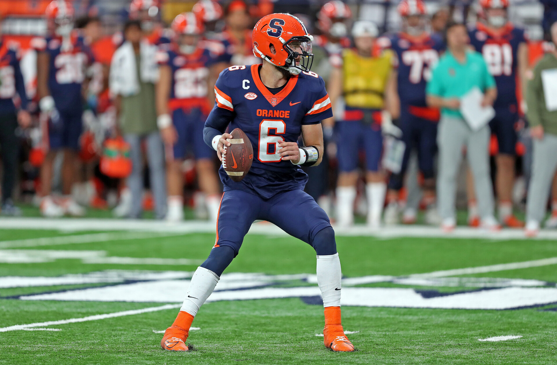 Sep 23, 2023; Syracuse, New York, USA; Syracuse Orange quarterback Garrett Shrader (6) looks to pass during second half against the Army Black Knights at JMA Wireless Dome.