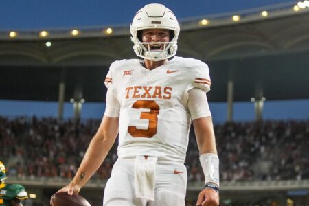 Texas quarterback Quinn Ewers (3) celebrates a touchdown against Baylor in the third quarter of an NCAA college football game, Saturday, Sept. 23, 2023, in Waco, Texas.