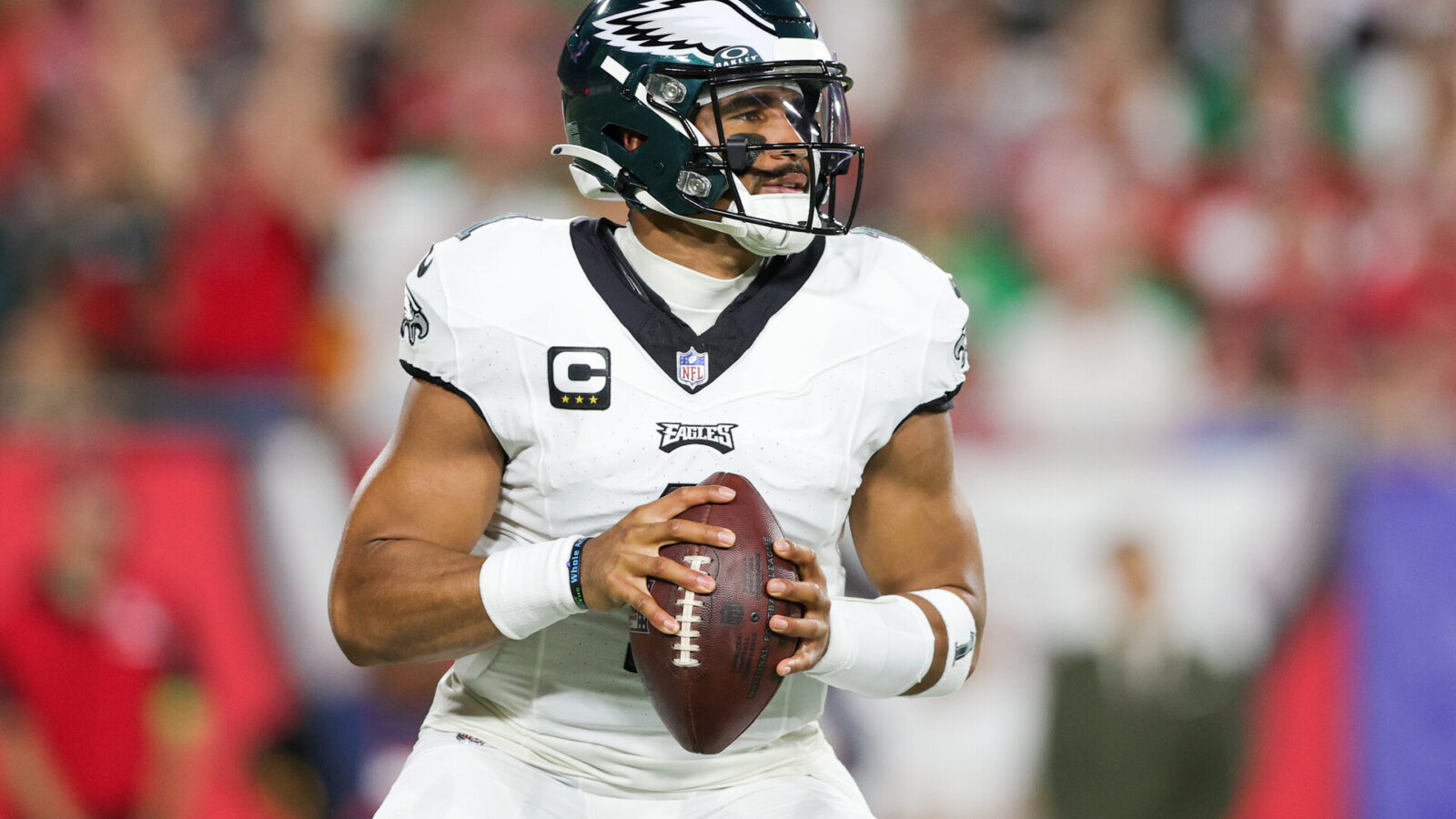 Philadelphia Eagles quarterback Jalen Hurts (1) drops back to pass against the Tampa Bay Buccaneers in the first quarter at Raymond James Stadium.