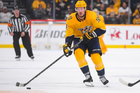 Feb 15, 2022; Nashville, Tennessee, USA; Nashville Predators center Thomas Novak (82) skates against the Washington Capitals during the third period at Bridgestone Arena.