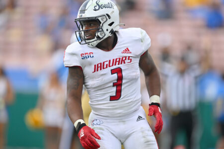 Sep 17, 2022; Pasadena, California, USA; South Alabama Jaguars running back La'Damian Webb (3) smiles after a touchdown in the first half against the UCLA Bruins at the Rose Bowl.