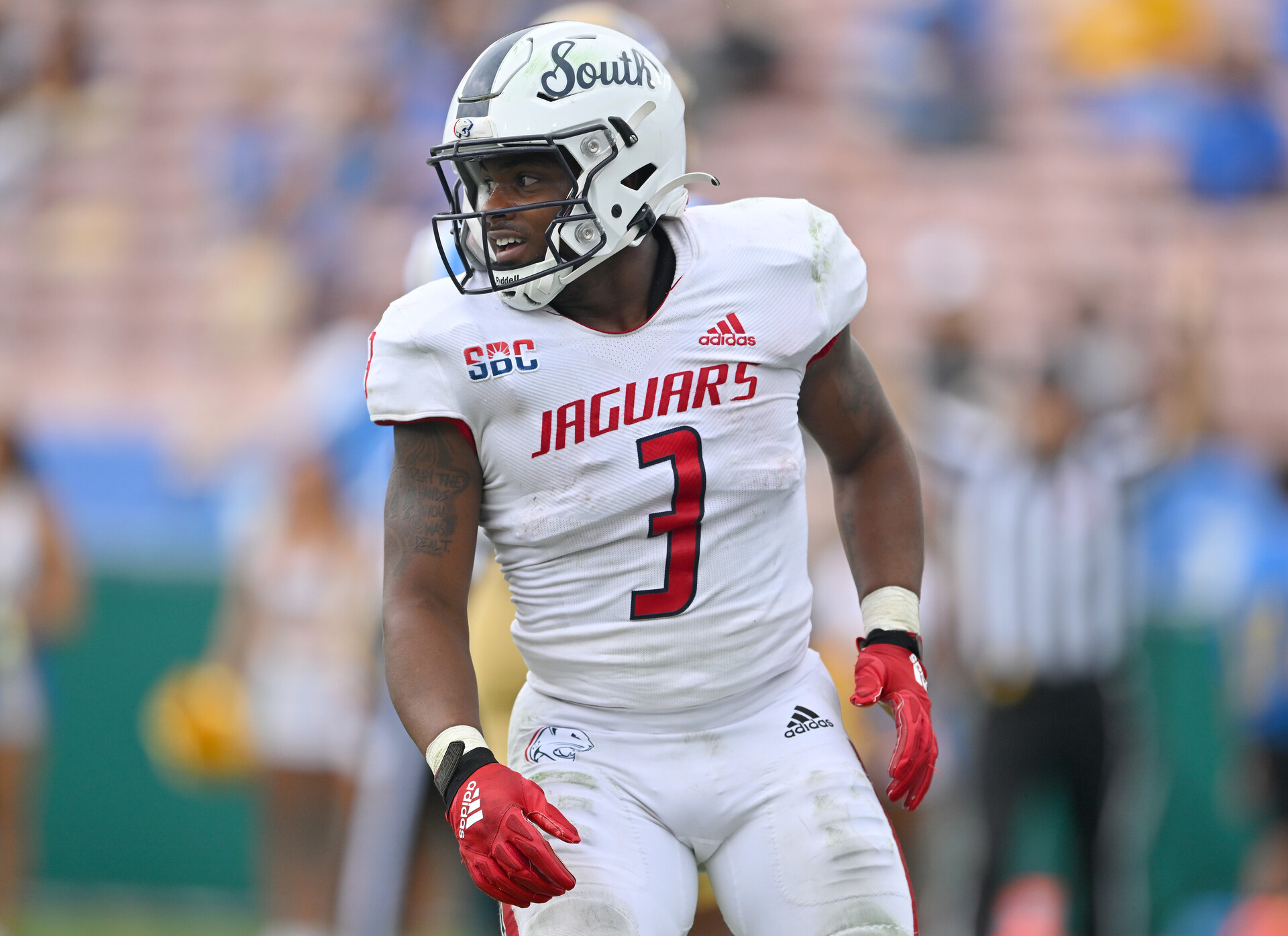 Sep 17, 2022; Pasadena, California, USA; South Alabama Jaguars running back La'Damian Webb (3) smiles after a touchdown in the first half against the UCLA Bruins at the Rose Bowl.