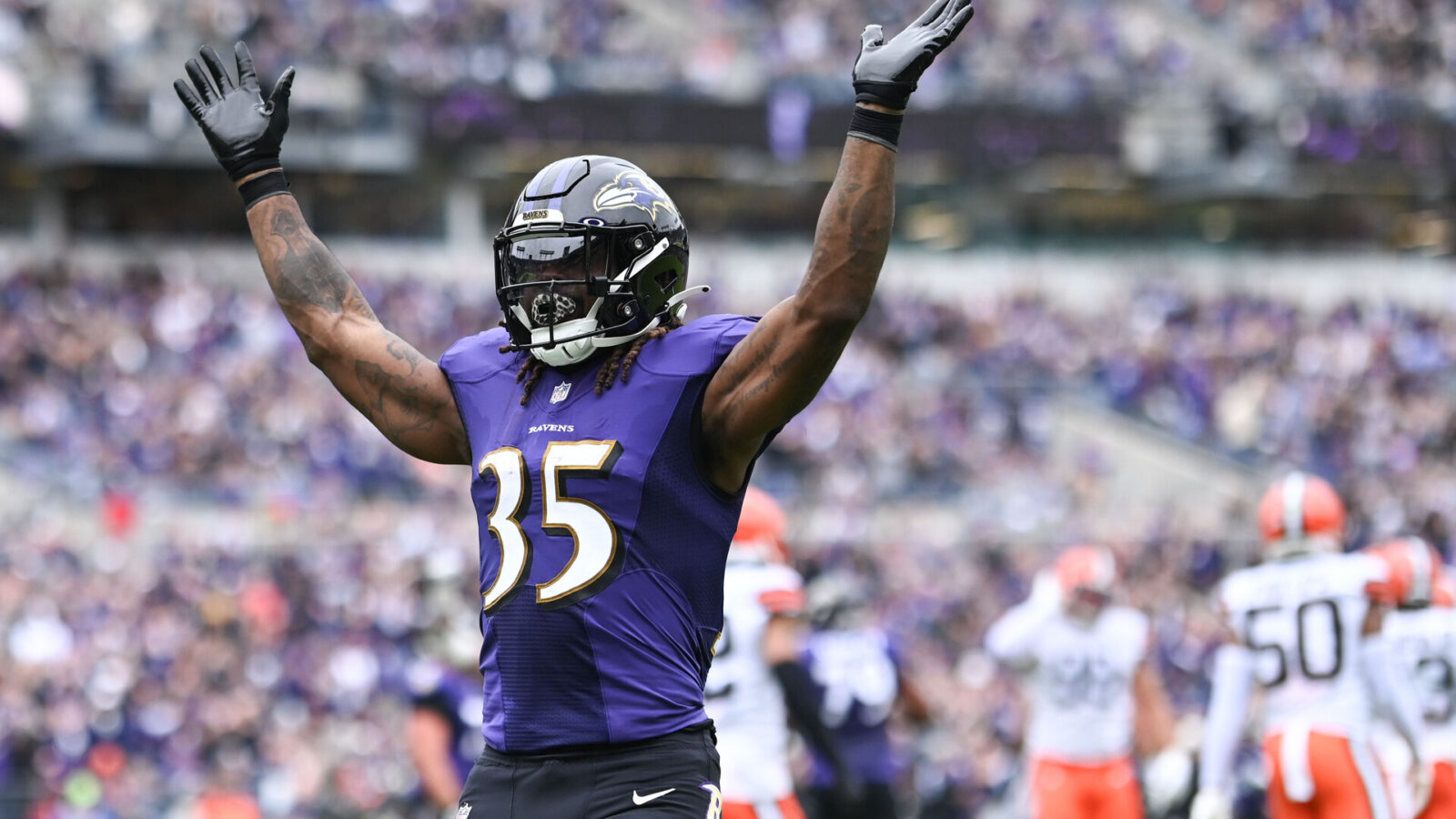 Oct 23, 2022; Baltimore, Maryland, USA; Baltimore Ravens running back Gus Edwards (35) reacts after scoring a second quarter touchdown against the Cleveland Browns at M&T Bank Stadium.