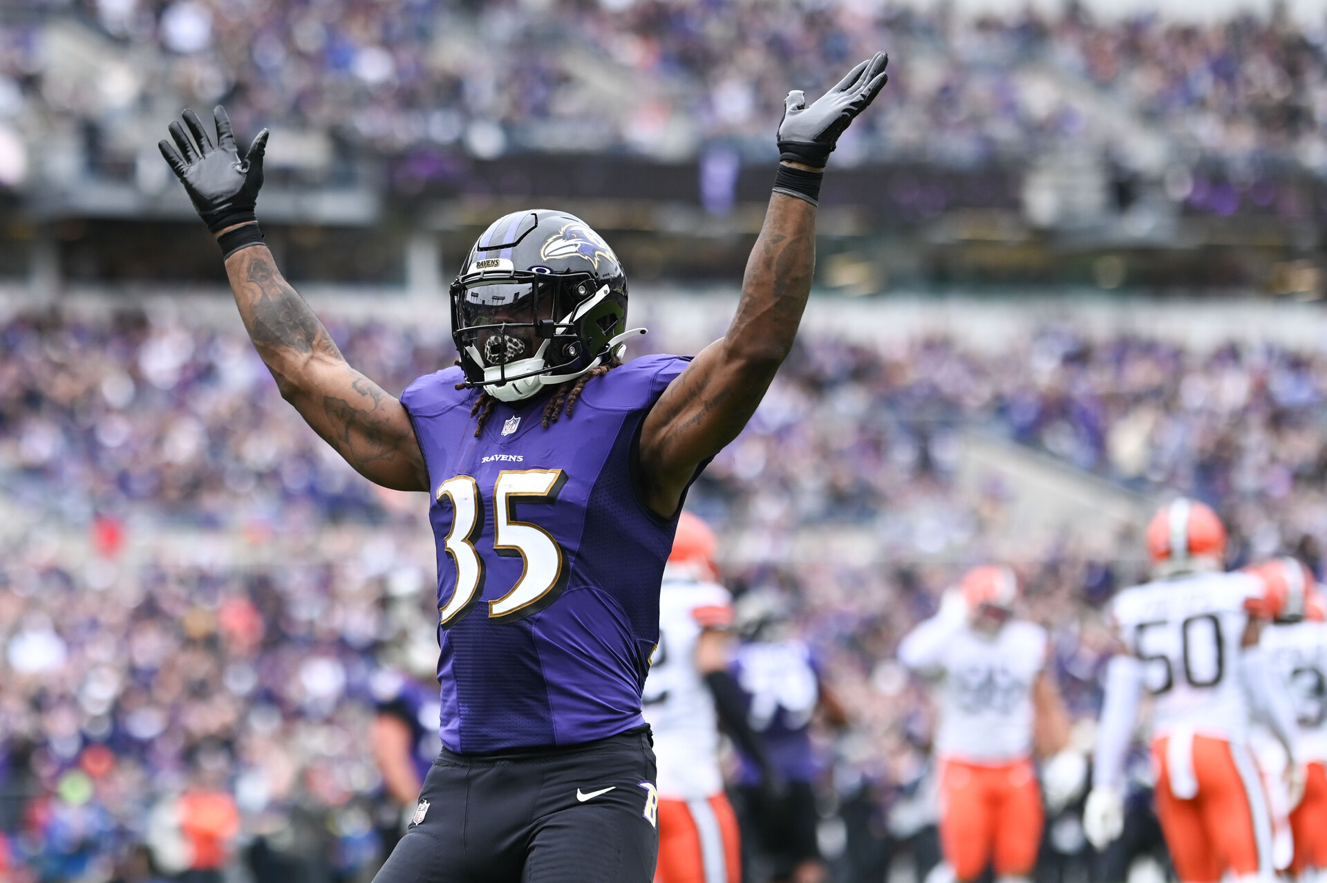 Oct 23, 2022; Baltimore, Maryland, USA; Baltimore Ravens running back Gus Edwards (35) reacts after scoring a second quarter touchdown against the Cleveland Browns at M&T Bank Stadium.